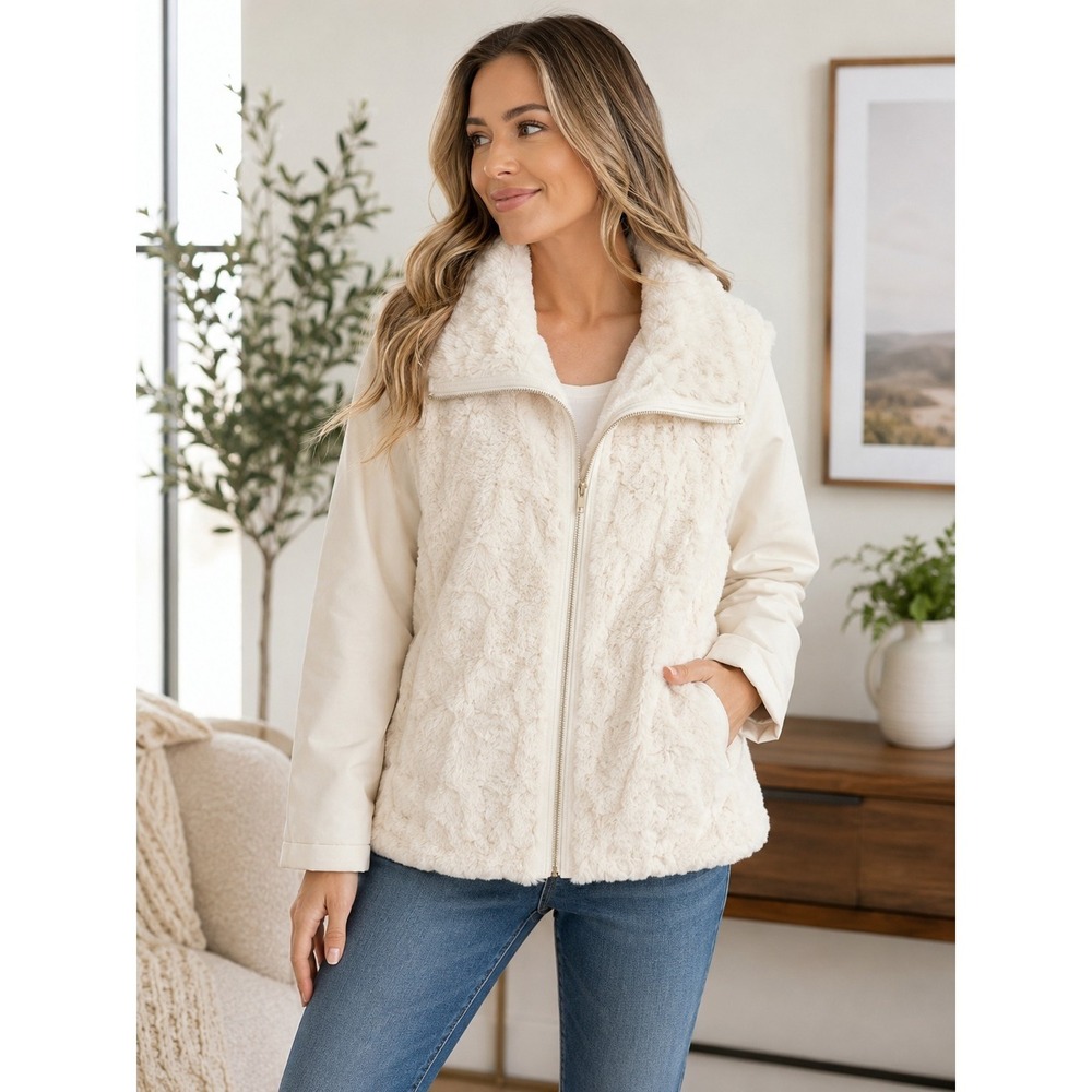 Dennis‎ Basso Sterling Ivory Faux Fur Jacket Vest Zip Off Sleeves Large New